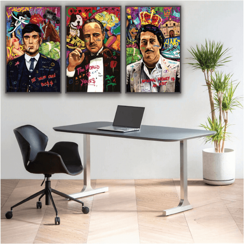 Kit de Quadros Decorativos com Tommy Shelby, Don Corleone e Pablo Escobar