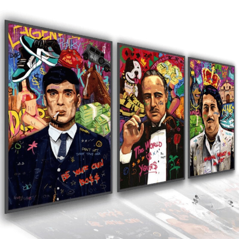 Kit de Quadros Decorativos com Tommy Shelby, Don Corleone e Pablo Escobar