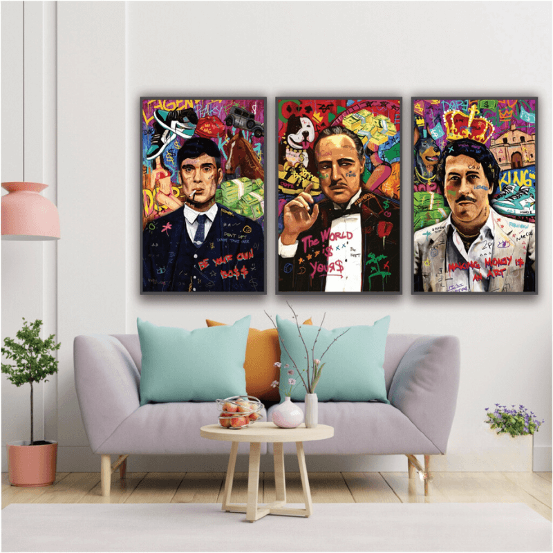 Kit de Quadros Decorativos com Tommy Shelby, Don Corleone e Pablo Escobar