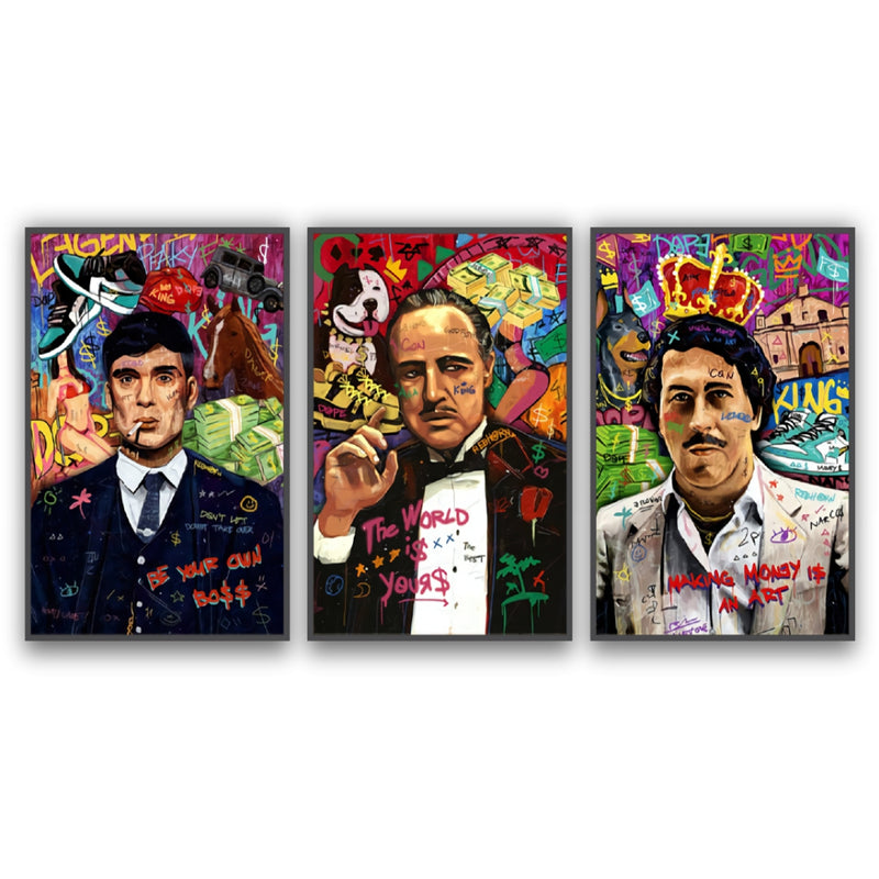 Kit de Quadros Decorativos com Tommy Shelby, Don Corleone e Pablo Escobar